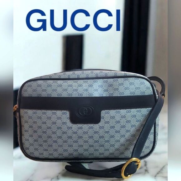 Gucci Navy Blue Canvas Supreme Micro GG Blue Trim Crossbody Bag VINTAGE - Picture 1 of 16
